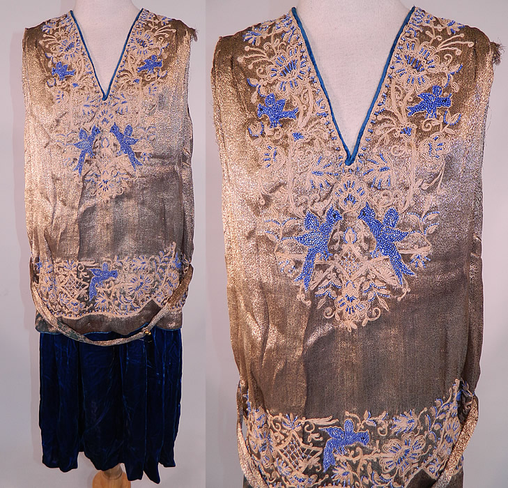 Vintage Antoinette Hagen Label Gold Lam&eacute; Lame Blue Bird Beaded Belted Velvet Dress
