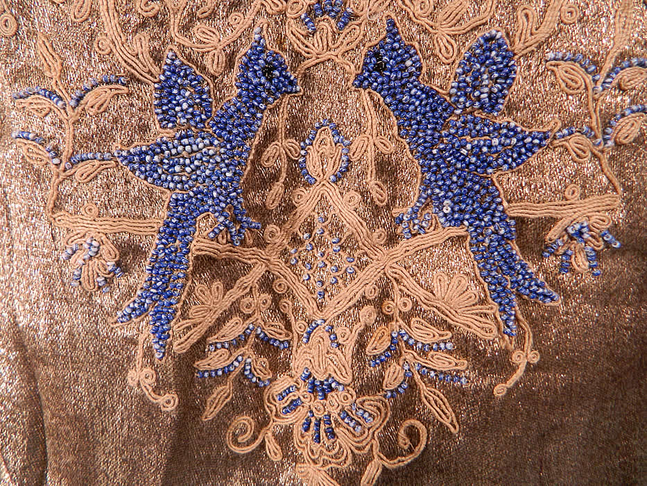 Vintage Antoinette Hagen Label Gold Lam&eacute; Lame Blue Bird Beaded Belted Velvet Dress
