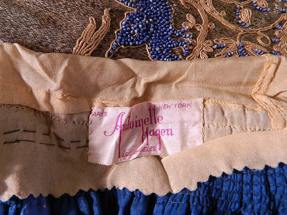 Vintage Antoinette Hagen Label Gold Lam&eacute; Lame Blue Bird Beaded Belted Velvet Dress
