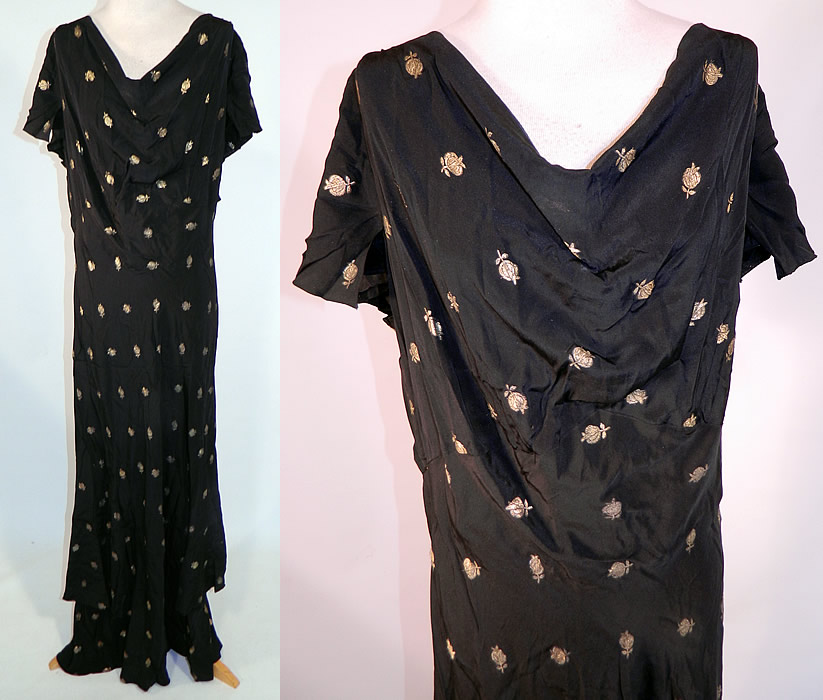 Vintage Black Silk Gold Lam&eacute; Lame Pomegranate Bias Cut Evening Gown Dress
This vintage black silk gold lam&eacute; pomegranate bias cut evening gown dress dates from the 1930s. It is made of a black silk crepe de chine fabric, with gold metallic lam&eacute; thread woven through it in a pomegranate pattern design.