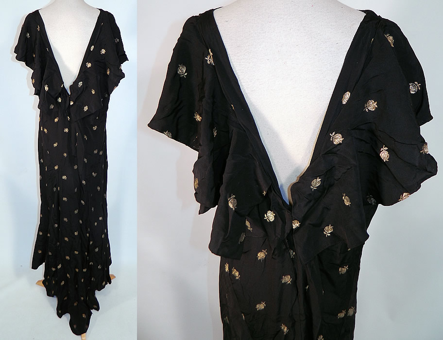 Vintage Black Silk Gold Lam&eacute; Lame Pomegranate Bias Cut Evening Gown Dress
The dress measures 60 inches long, with 40 inch hips, a 34 inch waist and 38 inch bust. It is in good condition, but has not been cleaned and has two tiny pin holes on the front top. This is truly a wonderful piece of wearable textile art!