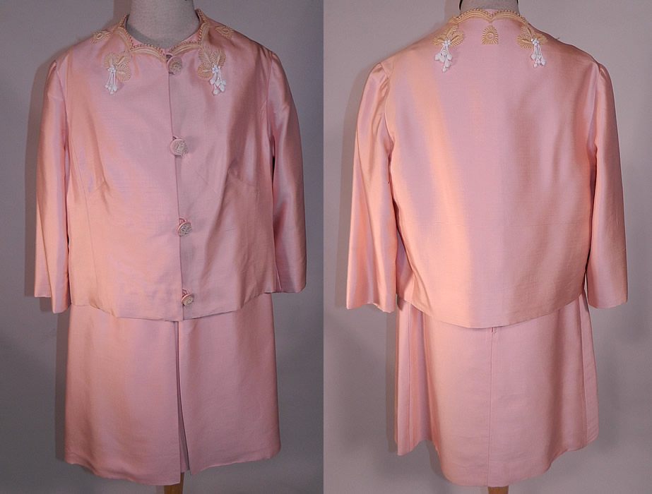 Vintage Haute Couture Athens Label Pink Raw Silk Beaded Lace Trim Dress & Jacket
This vintage Haute Couture Athens label pink raw silk beaded lace trim dress and suit jacket dates from the 1960s. It is made of a pink pastel raw silk fabric, with white beading and ecru cream color lace appliqu&eacute; trim accents. 