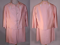 Vintage Haute Couture Athens Label Pink Raw Silk Beaded Lace Trim Dress & Jacket
