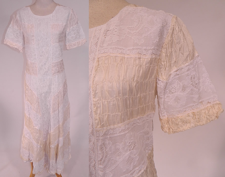 Vintage White Lace Cream Silk Smocking Ruched Gathering Summer Maxi Dress
This vintage white lace cream silk smocking ruched gathering summer maxi dress dates from the 1940s. It is made of a cream silk smocking ruched gathering fabric, with white Valencienne lace trim inserts.