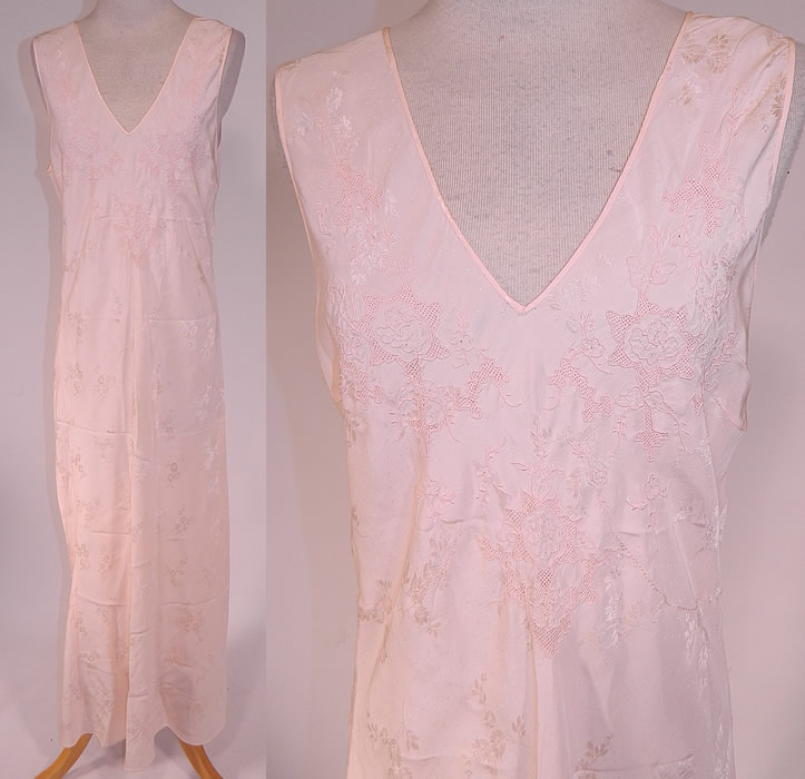Vintage Pink Damask Silk Embroidered Drawn Cut Work Bias Cut Negligee Nightgown
This vintage pink damask silk embroidered drawn cut work bias cut negligee nightgown dates from the 1930s. It is hand stitched, made of a pale pastel pink color silk damask weave floral pattern fabric, with embroidered drawn cut work design done on the front top