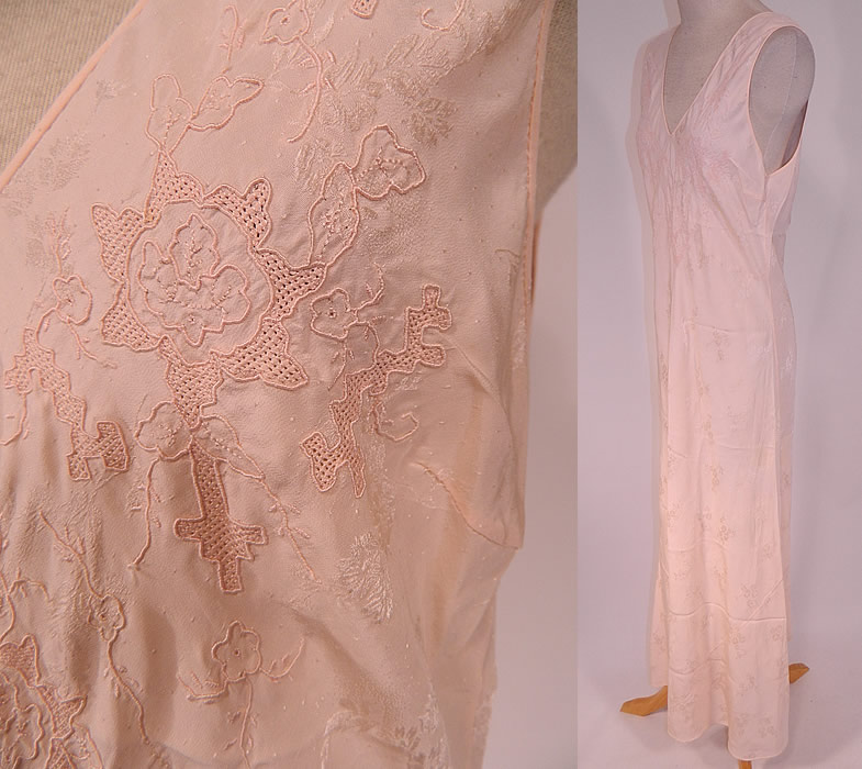 Vintage Pink Damask Silk Embroidered Drawn Cut Work Bias Cut Negligee Nightgown
This beautiful boudoir negligee nightgown slip dress has a bias cut, is a long full length, sleeveless and has V necklines. 