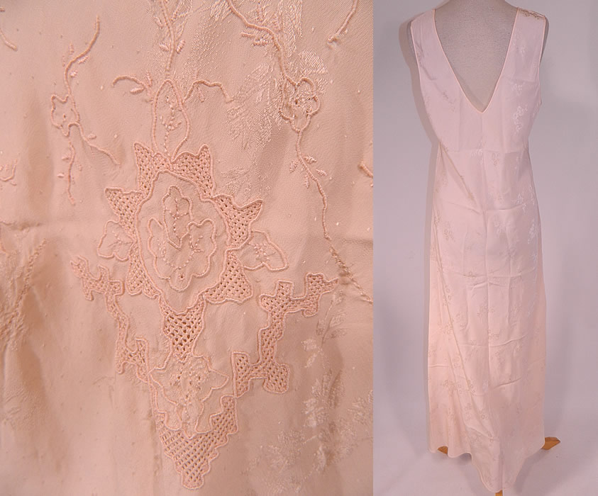 Vintage Pink Damask Silk Embroidered Drawn Cut Work Bias Cut Negligee Nightgown
The nightgown measures 58 inches long, with 38 inch hips, a 36 inch waist and 36 inch bust. It is in excellent condition. This is truly a wonderful piece of fine quality romantic wearable lingerie art!