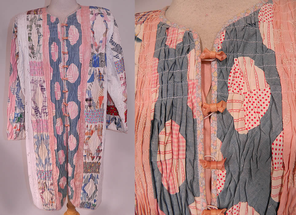 Vintage Antique Calico Crazy Quilt Patchwork Lace Smocking Ruched Pintuck Coat
This vintage antique calico crazy quilt patchwork lace smocking ruched pintuck coat dates from the 1980s. It is made of an antique 1900 and 1930s old quilt fabric squares pieced together into a decorative design quilted pattern, with many pintucks, smocking, ruched gathering throughout.