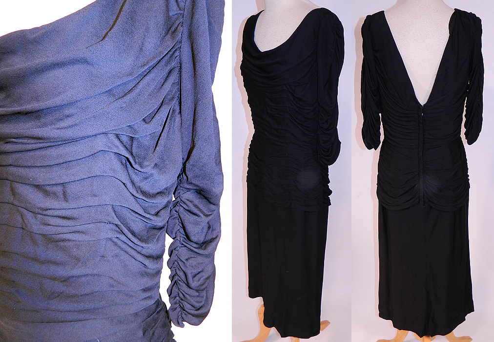 Vintage Black Silk Jersey Pleated Gathering Sexy Sheath Cocktail Dress
The dress measures 47 inches long, with 34 inch hips, a 26 inch waist and 34 inch bust. It is in good condition. This is truly a wonderful piece of wearable art!