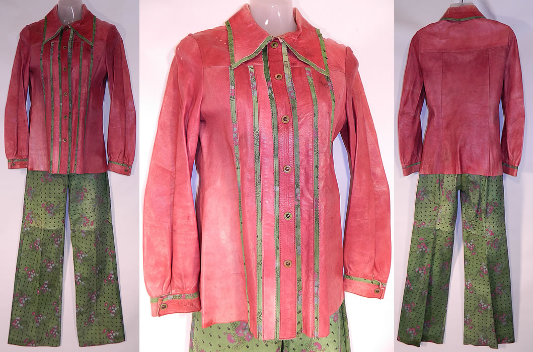 Vintage Ultimo Designer Label Green Leather Floral Print Pants & Red Jacket
This vintage Ultimo designer label green leather floral print pants and red jacket dates from the 1970s. The pants are made of soft leather with a colorful dyed green background, purple and black floral painted print.