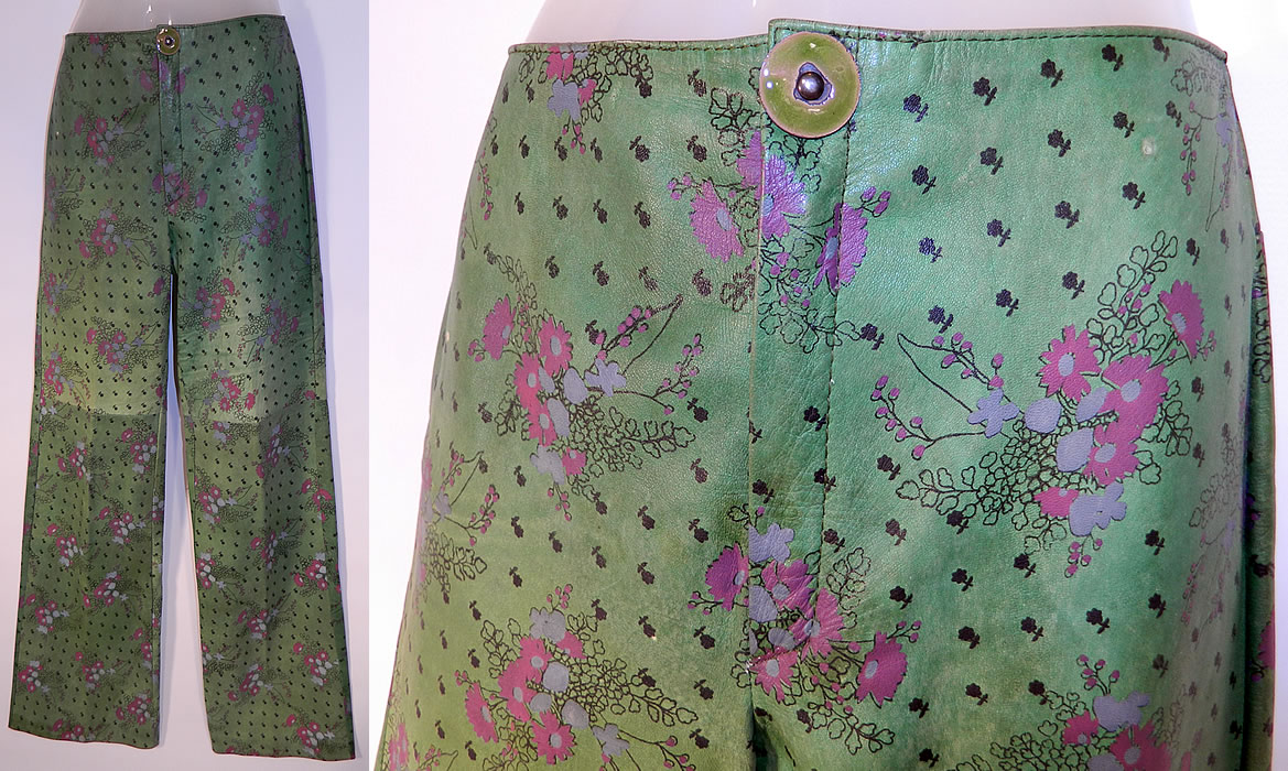 Vintage Ultimo Designer Label Green Leather Floral Print Pants & Red Jacket
The pants measure 42 inches long, with a 23 inch inseam, 34 inch hips and a 26 inch waist. There is a faded dyed red jacket with matching green floral print leather trim accents, a fitted tailored style, with green enamel snap button closures down the front, long full sleeves with snap closure cuffs and a wide pointed collar.