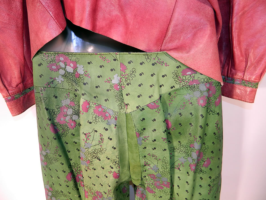 Vintage Ultimo Designer Label Green Leather Floral Print Pants & Red Jacket
The jacket measures 25 inches long, with 34 inch hips, a 30 inch waist, 32 inch bust and 24 inch long sleeves. 