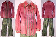 Vintage Ultimo Designer Label Green Leather Floral Print Pants & Red Jacket