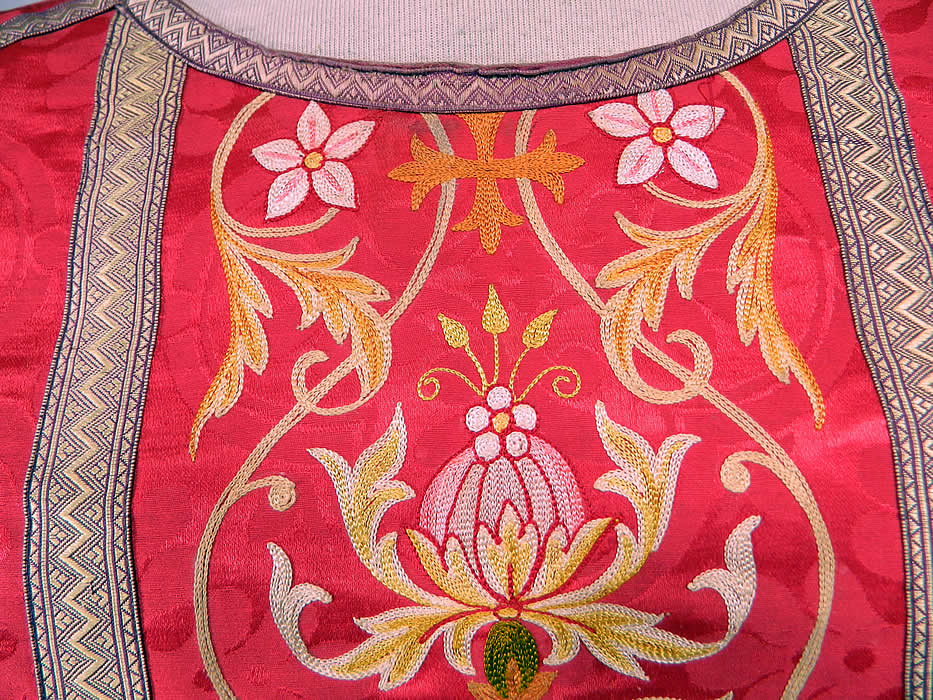 Antique Religious Red Silk Brocade Embroidered Priests Vestment Chasuble Poncho
It is made of a red silk damask weave brocade fabric with a woven floral pattern, colorful chain stitch embroidery work done in a floral fancy rococo design and gold metallic lam&eacute; trim edging, creating a cross on the back.
