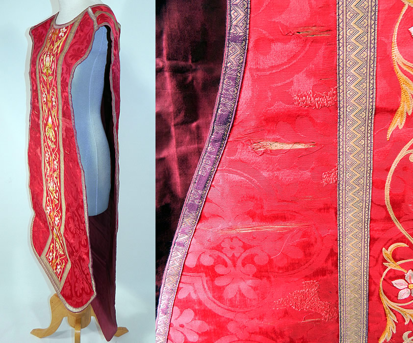 Antique Religious Red Silk Brocade Embroidered Priests Vestment Chasuble Poncho
The chasuble measures 37 inches long and 26 inches wide.
