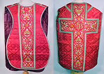 Antique Religious Red Silk Brocade Embroidered Priests Vestment Chasuble Poncho
