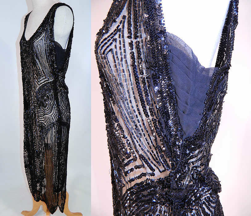 Vintage Art Deco Black Sheer Net Sequin Beaded Flapper Dress Gown
The dress measures 46 inches long, with 40 inch hips, a 40 inch waist and 36 inch bust. It is in excellent condition. This is truly a wonderful piece of Art Deco wearable beaded textile art!
