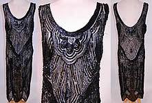 Vintage Art Deco Black Sheer Net Sequin Beaded Flapper Dress Gown
