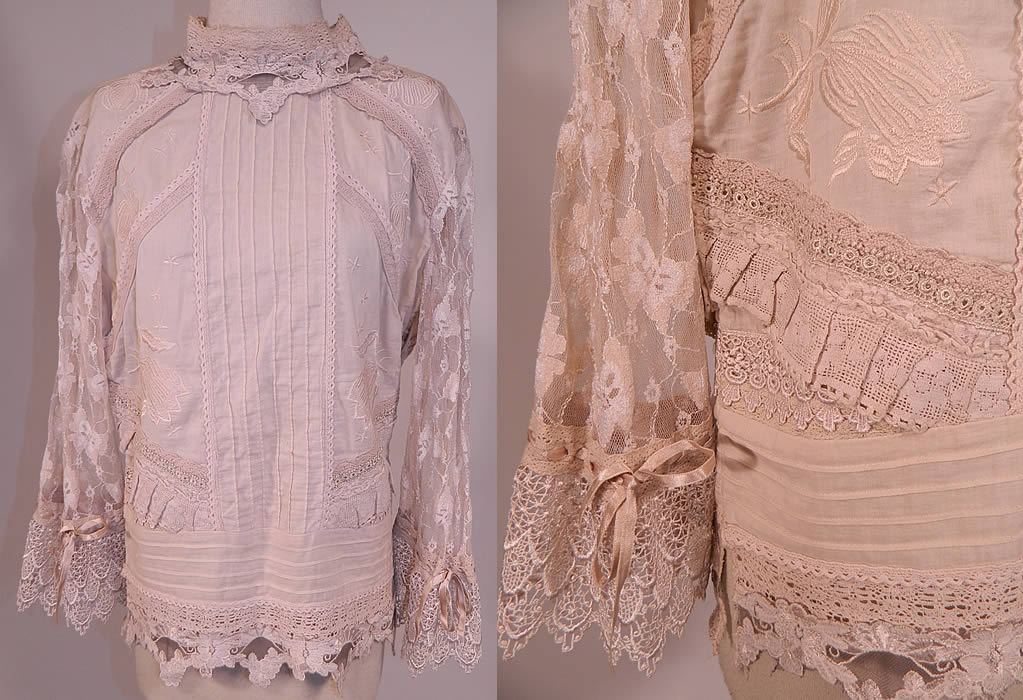 Vintage Whistles London Cream Lace Cotton Embroidered Applique Trim Blouse Shirt
This vintage Whistles London cream lace cotton embroidered appliqu&eacute; trim blouse shirt dates from 1990. It is made of an off white ecru cream color cotton fabric, with pleated pin tucks, floral embroidery work and lace appliqu&eacute; trim. 