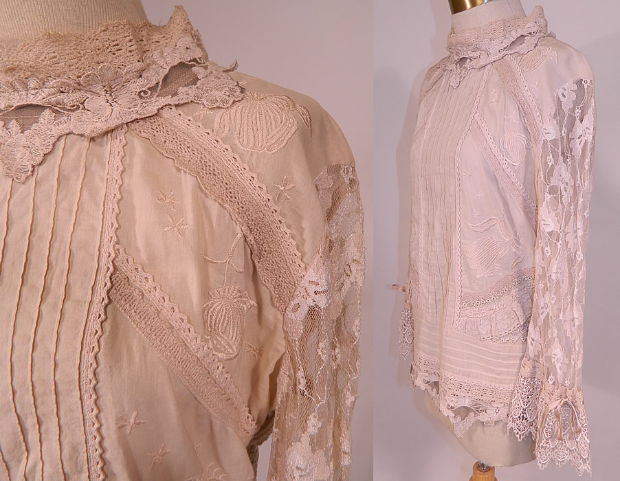 Vintage Whistles London Cream Lace Cotton Embroidered Applique Trim Blouse Shirt
The blouse has a Victorian era style created from antique vintage laces. 