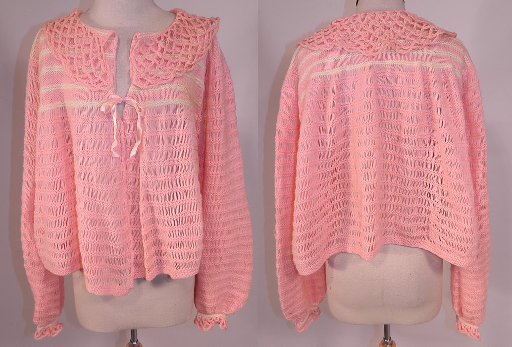 Vintage Hand Fashioned Ann Best Pink & White Knit Crochet Sweater Bed Jacket Top
This vintage Hand Fashioned Ann Best pink and white knit crochet sweater bed jacket top dates from the 1930s. It is made of a pink and white hand knit crochet, with a sheer weave and striped woven pattern design.