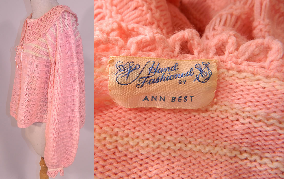 Vintage Hand Fashioned Ann Best Pink & White Knit Crochet Sweater Bed Jacket Top
There is a "Hand Fashioned By Ann Best" label sewn inside. The top measures 20 inches long, with a 60 inch waist, 52 inch bust and 26 inch long sleeves. It is in excellent condition. This is truly a wonderful piece of hand knit wearable art!