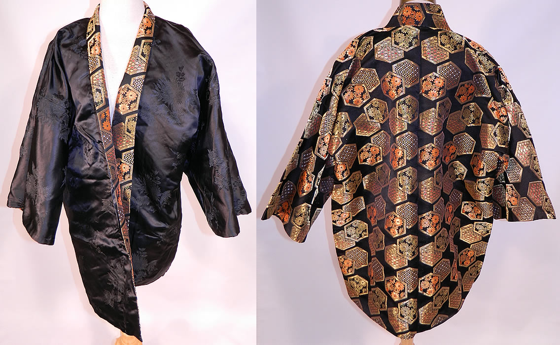 Vintage Japanese Kimono Obi Black Silk Gold Lam&eacute; Lame Reversible Jacket
This elegant evening attire reversible kimono robe style coat jacket is loose fitting, with an open front, no closure, long full flared sleeves and is fully lined in a reversible black silk damask fabric with a floral weave pattern design.