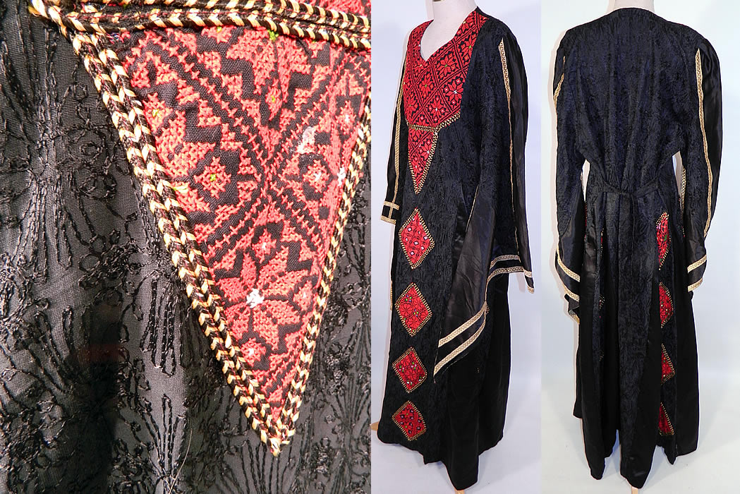 Vintage Al-Karnak Jordan Bedouin Kaftan Jalabiya Thobe Embroidered Maxi Dress
The dress measures 58 inches long, with 60 inch hips, a 46 inch bust and 38 inch long sleeves. It is in excellent condition. This is truly a wonderful piece of wearable Jordanian Arabic bedouin textile art!