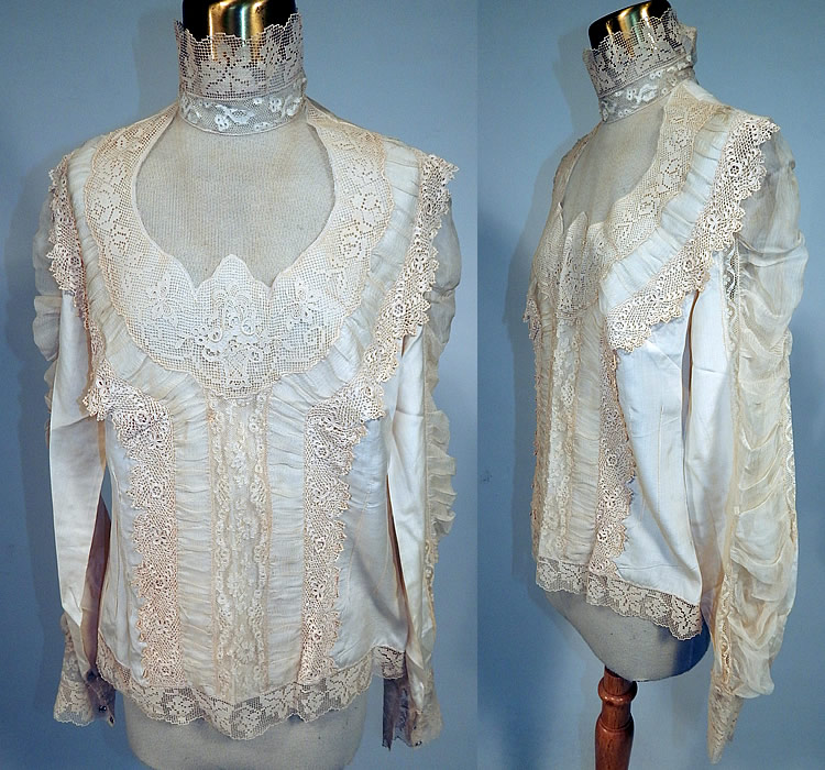 Vintage Victorian Style Ecru Cream Cotton Irish Crochet Filet Lace Applique Trim Blouse
This vintage Victorian style ecru cream cotton Irish crochet filet lace appliqu&eacute; trim blouse dates from the 1970s. It is made of an off white ecru cream color cotton fabric, with sheer silk pleated pin tucks trim and a variety of laces, filet, Irish crochet appliqu&eacute; trimmings.