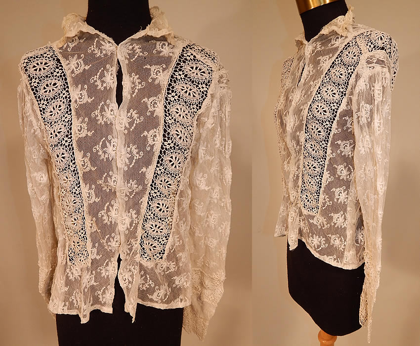 Vintage Edwardian Ecru Cream Tambour Embroidery Net Mixed Lace Blouse Jacket
This vintage Edwardian era ecru cream tambour embroidery net mixed lace blouse jacket dates from 1910. It is made of an off white ecru cream color sheer net fabric, with tambour embroidery work floral designs and lace trim inserts.