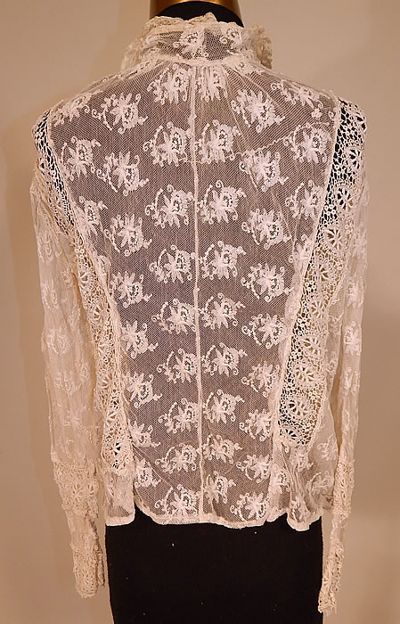 Vintage Edwardian Ecru Cream Tambour Embroidery Net Mixed Lace Blouse Jacket
The top measures 20 inches long, with a 30 inch waist, 34 inch bust and 22 inch long sleeves. It is in good condition, with only a few tiny pin holes. This is truly a wonderful piece of wearable antique lace art!
