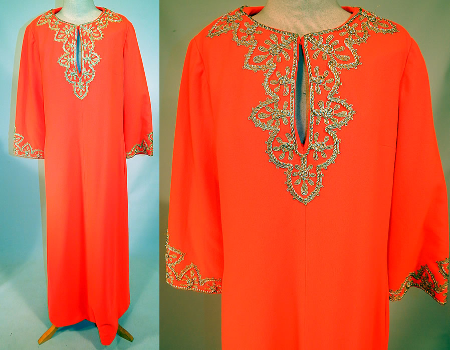 Vintage Perfect Lord & Taylor Label Orange Gold Trim Kaftan Boho Maxi Dress
This exquisite ethnic hippie chic, bohemian, loose fitting kaftan style maxi dress is a long floor length, with long full sleeves, a key hole opening on the front neckline, hidden side skirt pockets, back zipper closure and is fully lined. 