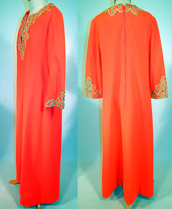 Vintage Perfect Lord & Taylor Label Orange Gold Trim Kaftan Boho Maxi Dress
The kaftan measures 57 inches long, with 48 inch hips, a 40 inch waist, 40 inch bust and 20 inch long sleeves. It is in excellent condition. This is truly a wonderful piece of wearable ethnic textile art!
