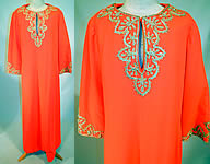 1960s Vintage Perfect Lord & Taylor Label Orange Gold Trim Kaftan Boho Maxi Dress
