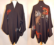 Vintage Japanese Family Crest Mon Black Silk Metallic Peacock Feather Haori Kimono
