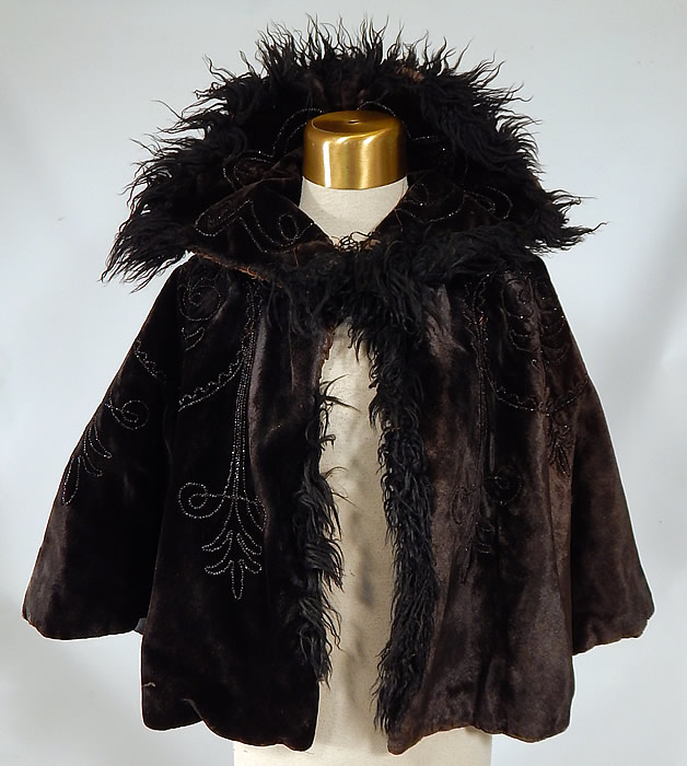 Victorian Black Velvet Jet Beaded Mohair Trim Winter Cloak Cape Mantle
 The cape measures 20 inches long and 106 inches in circumference around the bottom. 