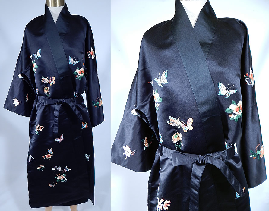 Vintage Chinese Black Silk Pastel Embroidered Butterfly Belted Kimono Robe
This vintage antique Chinese black silk pastel embroidered butterfly belted kimono robe dates from the 1950s. It is made of a black silk satin fabric, with colorful pastel silk raised padded satin stitch hand embroidery work butterflies and flowers throughout.