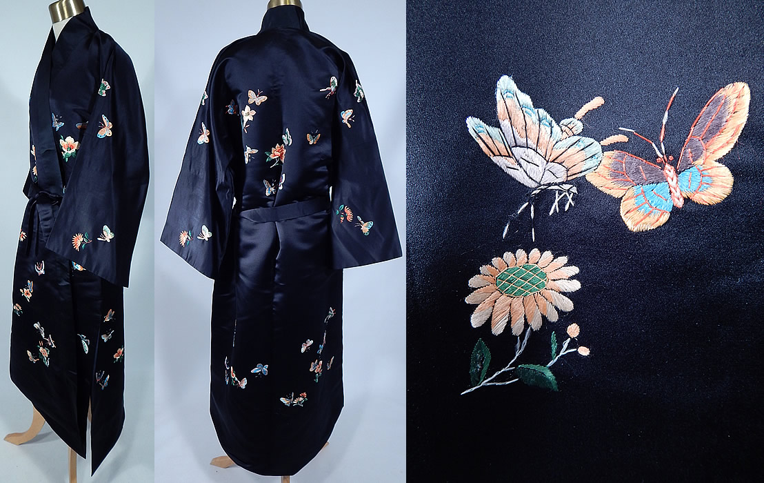 Vintage Chinese Black Silk Pastel Embroidered Butterfly Belted Kimono Robe
This beautiful butterfly kimono robe is a long floor length, with long full sleeves, side slit skirt and a matching fabric belted tie sash closure. 