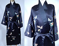 Vintage Chinese Black Silk Pastel Embroidered Butterfly Belted Kimono Robe