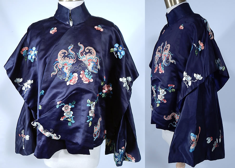 Antique Chinese Blue Silk Forbidden Stitch Embroidered Butterfly Robe Jacket
This antique Chinese blue silk forbidden stitch embroidered butterfly robe jacket dates from 1900 during the Qing Dynasty. 