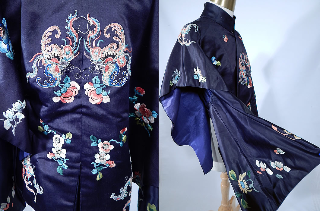 Antique Chinese Blue Silk Forbidden Stitch Embroidered Butterfly Robe Jacket
It is hand stitched, made of a dark midnight blue color silk fabric, with hand embroidered, forbidden stitch Peking knot beautiful butterflies and flowers. 
