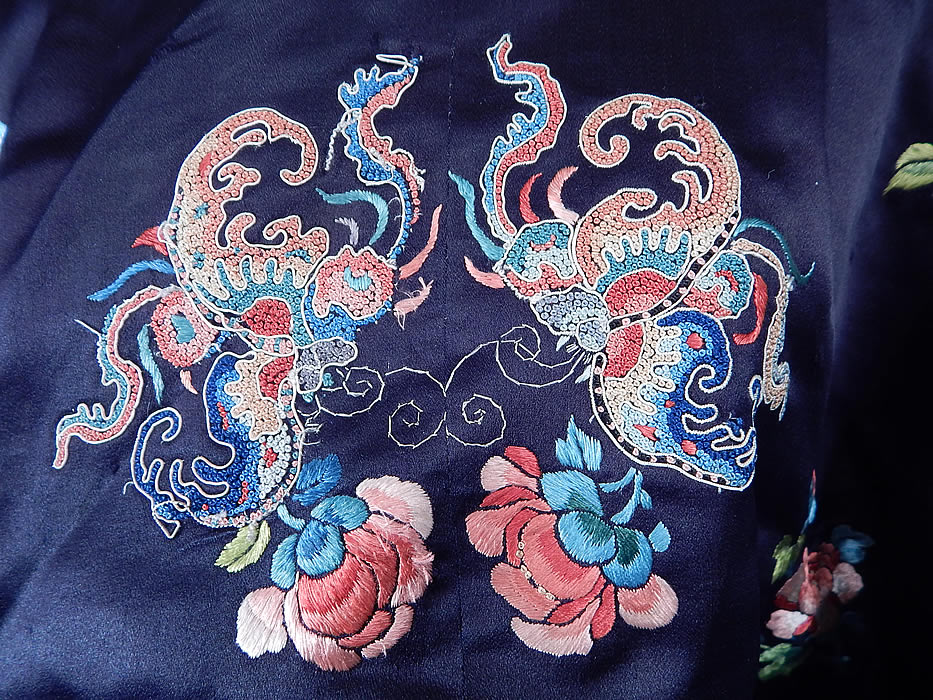 Antique Chinese Blue Silk Forbidden Stitch Embroidered Butterfly Robe Jacket
The robe measures 22 inches long, with a 50 inch waist, chest and 22 inch long sleeves. 