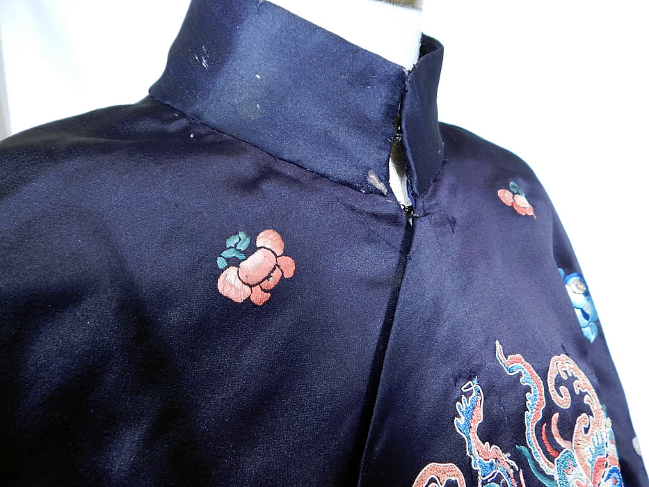 Antique Chinese Blue Silk Forbidden Stitch Embroidered Butterfly Robe Jacket
It is in good condition, with only some slight wear frays along the collar (see close-up). This is truly a wonderful piece of wearable antique Chinese art!