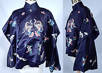 Antique Chinese Blue Silk Forbidden Stitch Embroidered Butterfly Robe Jacket

