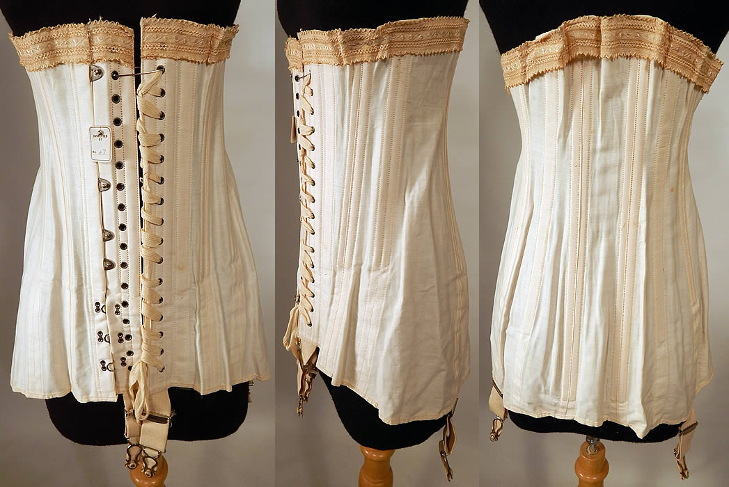Unworn Edwardian Cream Cotton Coutil Lace Trim Longline Corset Garters
This unworn antique Edwardian era cream cotton coutil lace trim longline corset garters date from 1910. It is made of an off white cream color cotton coutil fabric, with embroidered lace trim edging around the top.