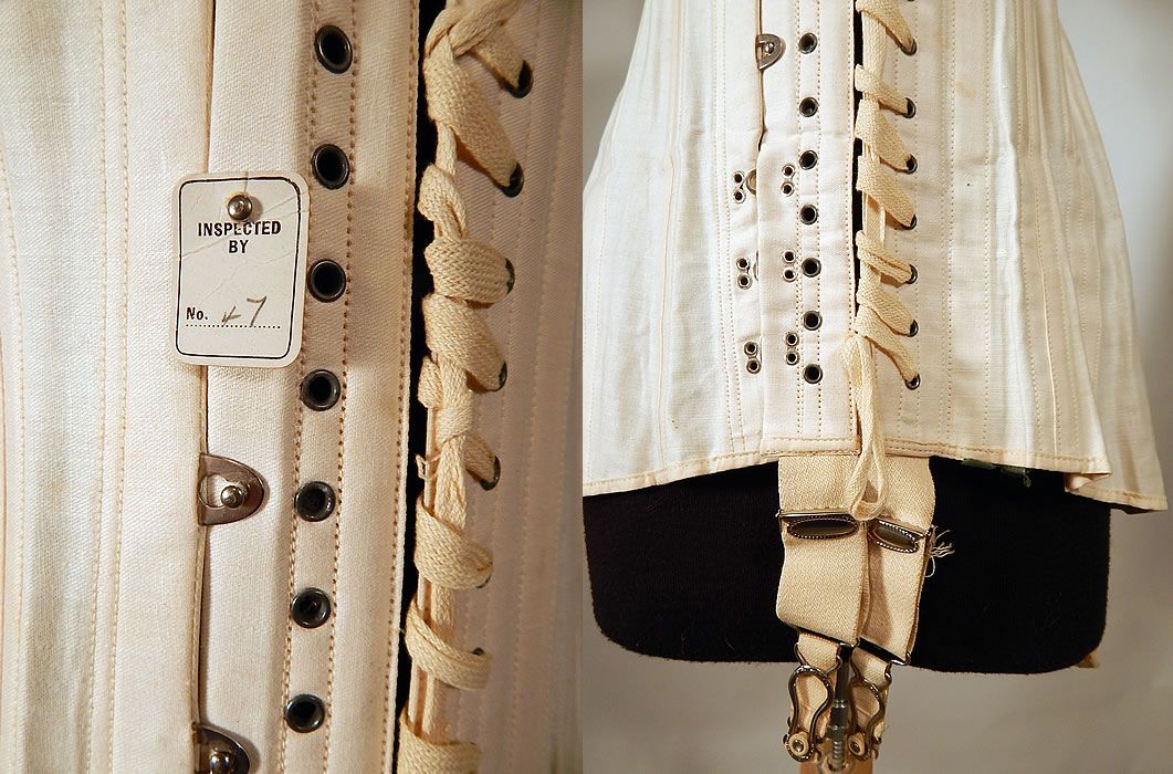 Unworn Edwardian Cream Cotton Coutil Lace Trim Longline Corset Garters
This lovely lingerie longline corset has a straight steel busk, hook front, original corset string lacing closure on front, with original "Inspected By" tag attached, boned stays sewn inside and four stocking suspender garters along the bottom.