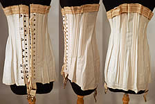 Unworn Edwardian Cream Cotton Coutil Lace Trim Longline Corset Garters
