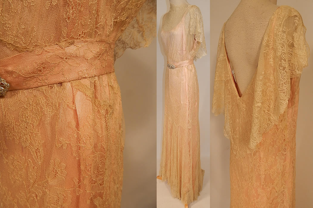Vintage Cream Chantilly Lace Belted Bias Cut Dress Wedding Gown & Pink Silk Slip
It is in good condition, with a small mended patch repair underneath the skirt and a few scattered small frayed breaks in the lace. This is truly a wonderful piece of wearable lace art which could be worn as a wedding gown!