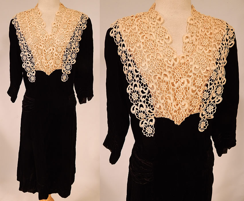 Vintage Black Silk Velvet Cream Lace Yoke Belted Back Cocktail Dress
This vintage black silk velvet cream lace yoke belted back cocktail dress dates from the 1940s. It is made of a black silk velvet fabric, with an off white cream color lace floral daisy design pattern yoke front top.