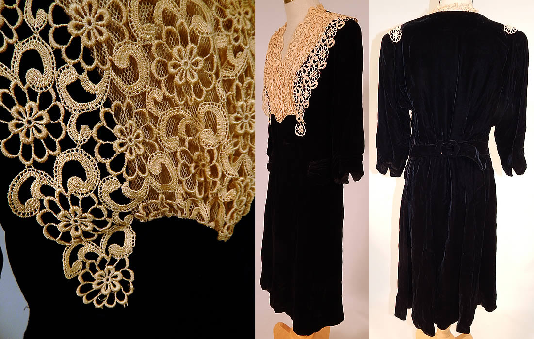Vintage Black Silk Velvet Cream Lace Yoke Belted Back Cocktail Dress
This cute cocktail day dress has a V front lace trimmed neckline, gathered shoulders with slight padding, 3/4 length sleeves, a short mid length skirt, gathering along the front waist, an attached belted back and hook closures on the side. 